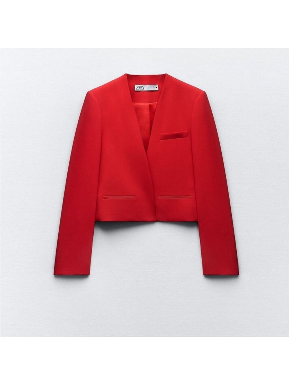 Zara Red Open Front Collarless Cropped Blazer Jacket Size S Short Bolero Holiday
